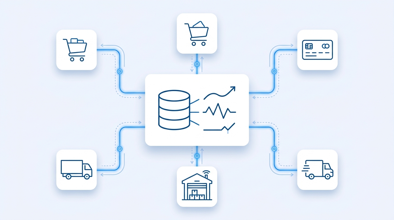 Diagram of an Odoo ERP core synchronising data with eCommerce, payment gateway, warehouse and logistics systems through REST and XML-RPC integrations