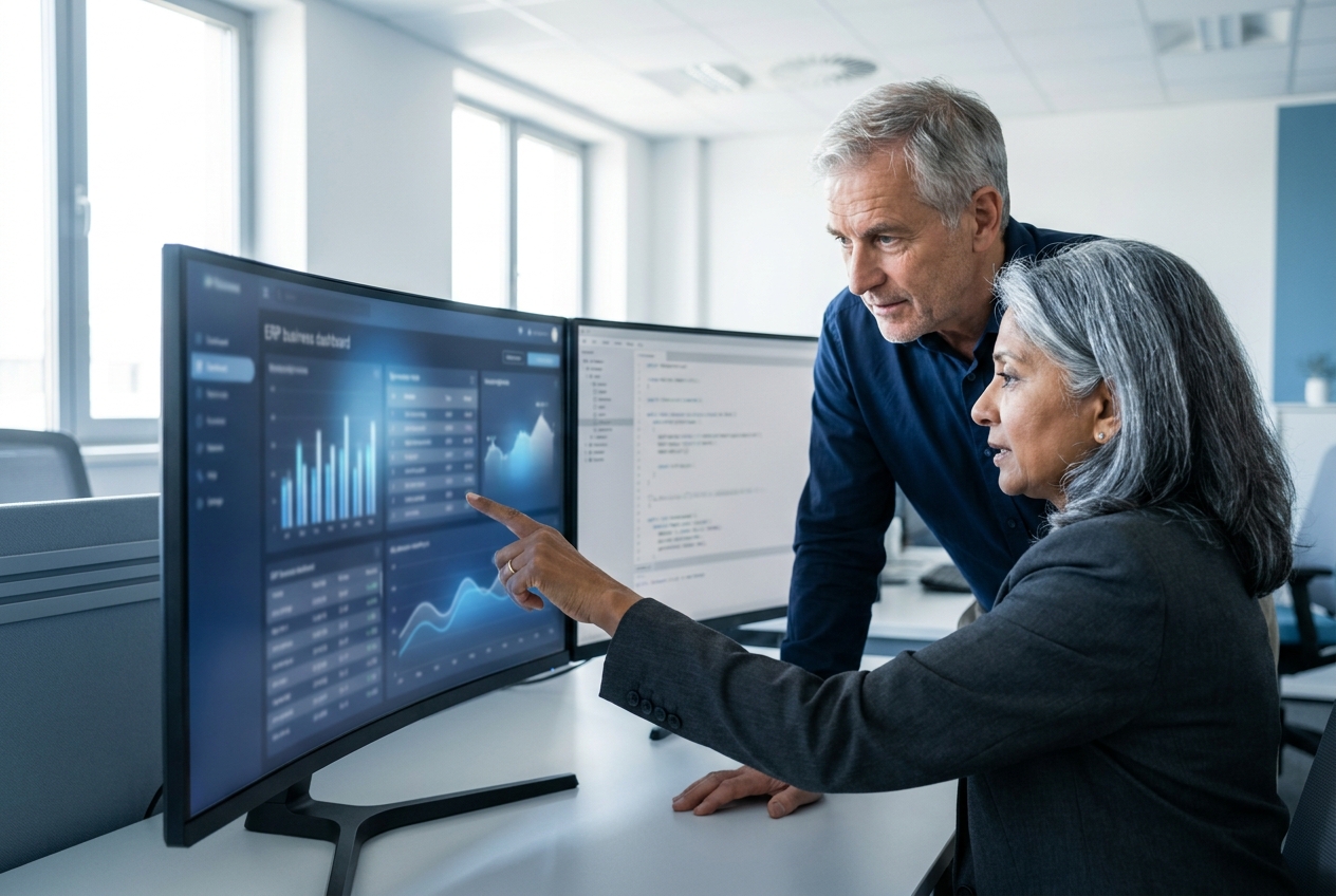Two Odiware Odoo developers reviewing an ERP dashboard and Python module code on dual monitors during a customization project