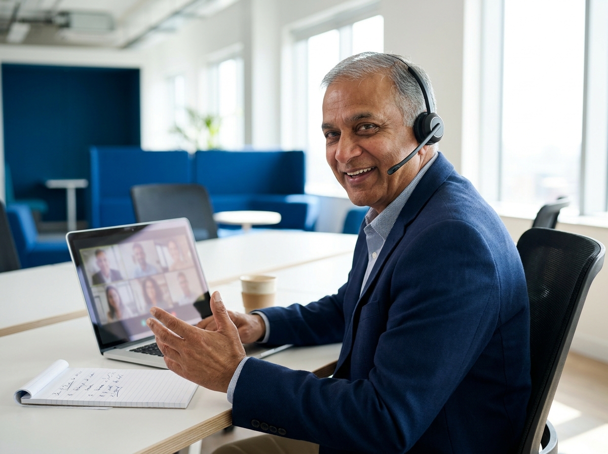 Odiware technical consultant on a video discovery call reviewing an Odoo development requirement with a client team